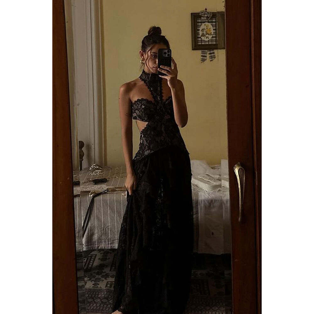 12th Tribe Princesa Black Lace Drop Waist Maxi Dress Size S